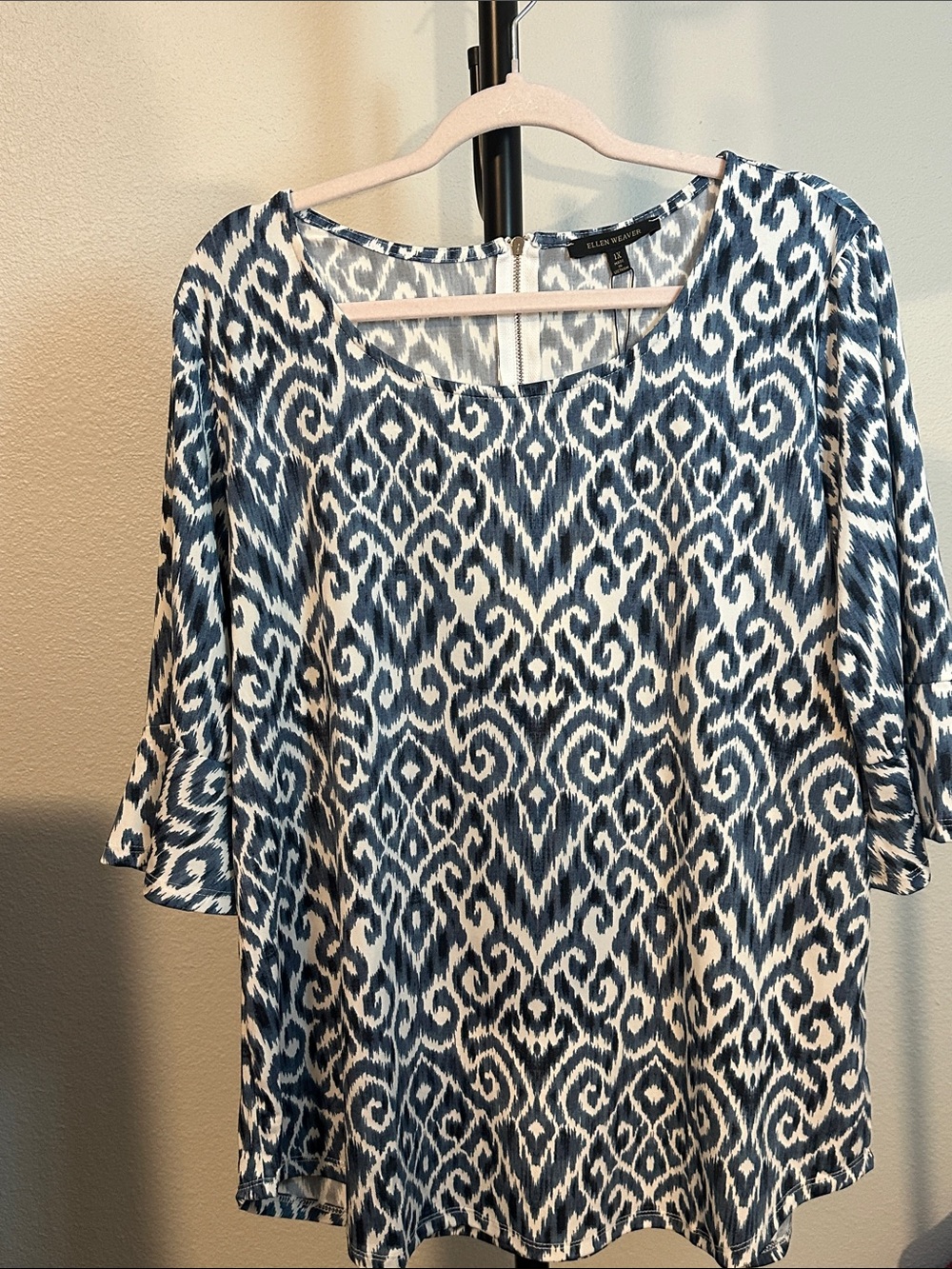 Ellen Weaver Navy and White Ikat Print Scoop-Neck Blouse